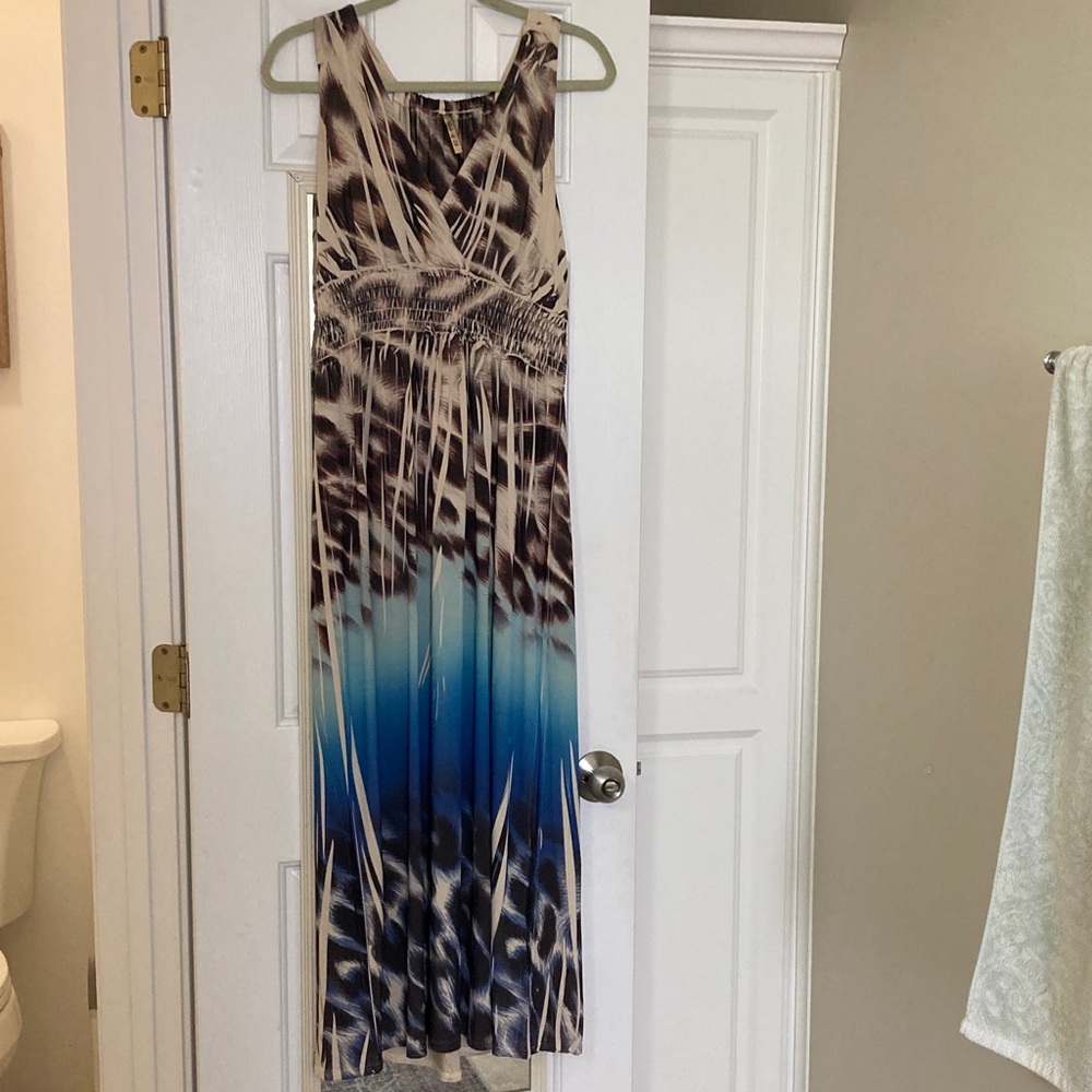 Fresh of L.A Elegant Brown and Blue Patterned Maxi Dress
